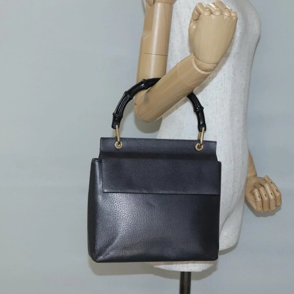 GUCCI Bamboo Hand Bag Leather Gold Charcoal gray Auth - Picture 15 of 16